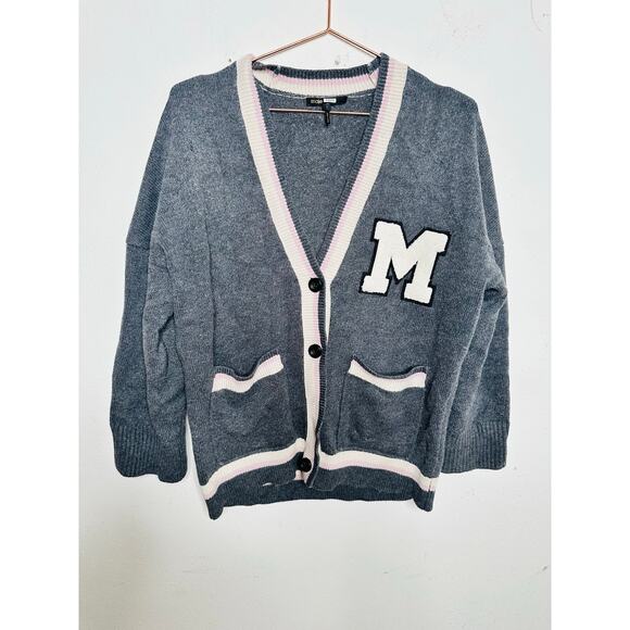 MAJE Gray White Oversized Varsity Letter Style Button Front Cardigan sz 1 Small - Picture 2 of 10